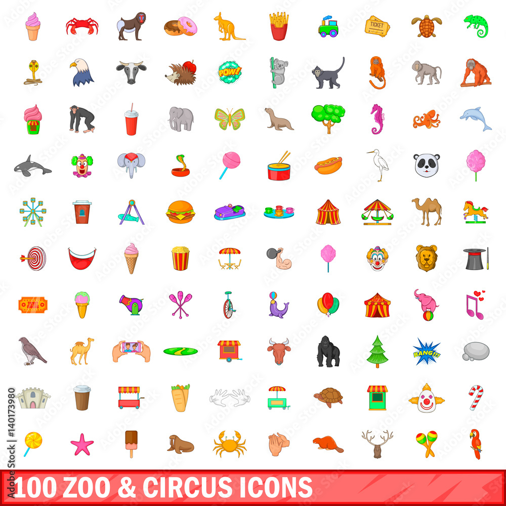 100 zoo and circus icons set, cartoon style 100 zoo and circus icons set, cartoon style