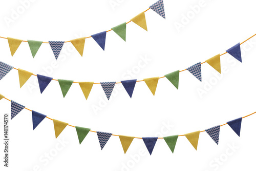 Bunting party flags made from scrapbooking paper on white background