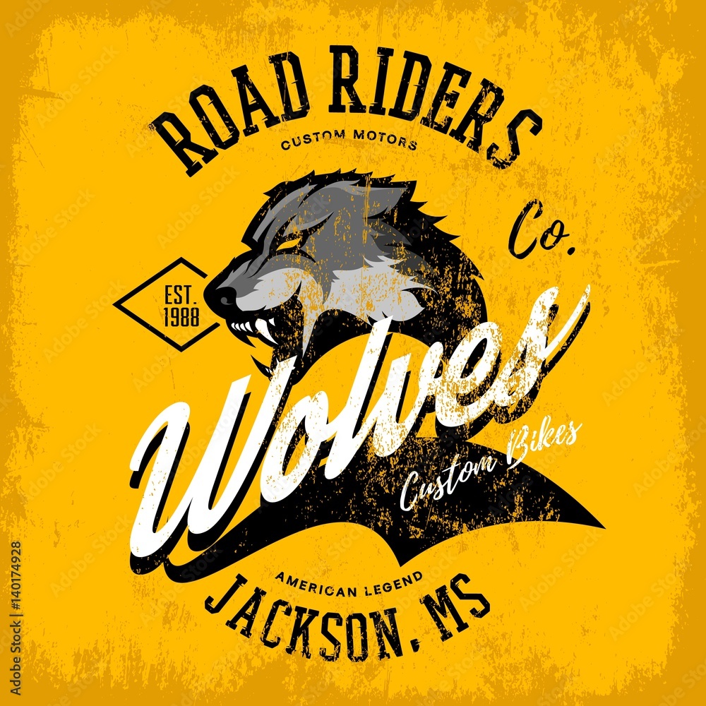 Obraz premium Vintage American furious wolf bikers club tee print vector design isolated on yellow background. Premium quality wild animal superior logo concept illustration.