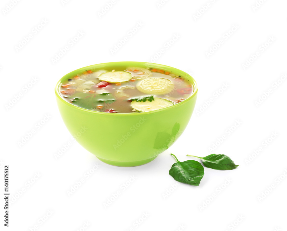 Bowl with vegetable soup on white background Bowl with vegetable soup on white background