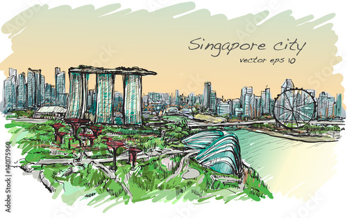 sketch cityscape of Singapore skyline, free hand draw illustration vector