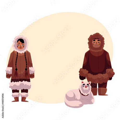 Eskimo, Inuit man and woman in warm winter clothes with white fluffy sledge dog, cartoon vector illustration with place for text. Full length portrait of Eskimo, Inuit couple and sledge dog