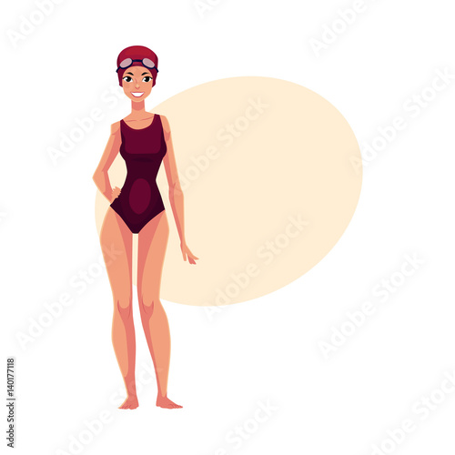 Beautiful woman, swimmer in swimming suit, cap cartoon vector illustration with place for text. Front view full length portrait of woman, girl swimmer in swimming suit