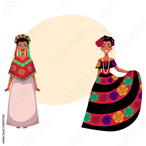 two Mexican woman in traditional national dress decorated with embroidered flowers, cartoon vector illustration with place for text. two Full length portrait of Mexican woman in dress