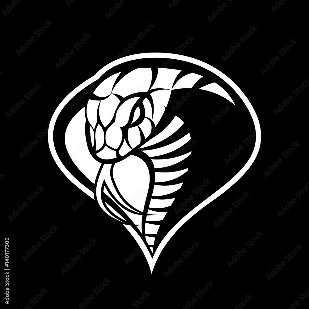 Obraz premium Wściekła kobra sport mono wektor koncepcja logo na białym tle na ciemnym tle. Nowoczesny projekt odznaki wojskowej profesjonalnej drużyny. Najwyższej jakości koszulka z nadrukiem dzikiego węża.