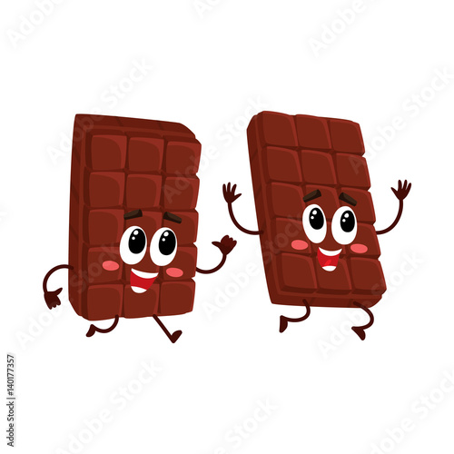 Two funny chocolate bar characters, one chasing, running after the other, cartoon vector illustration isolated on white background. Couple of funny chocolate characters, mascots