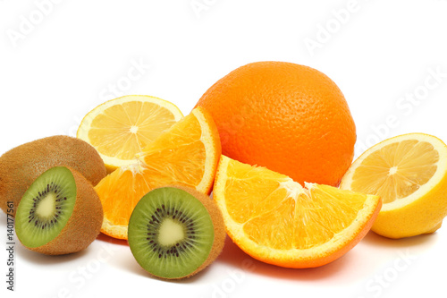 Orange lemon kiwi isolated on white background