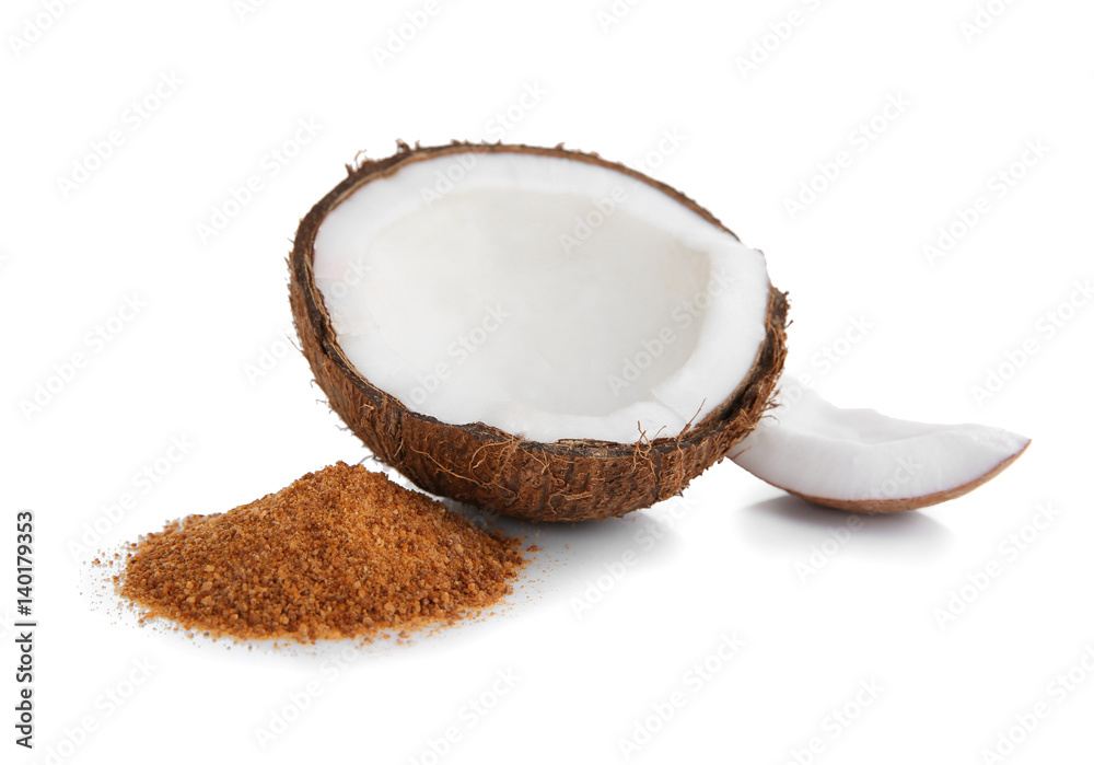 Heap of brown sugar and coconut on white background Heap of brown sugar and coconut on white background