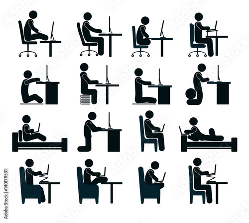 Bad and good working position of the human at the computer in office chair, on bed. Different positions of person at computer.