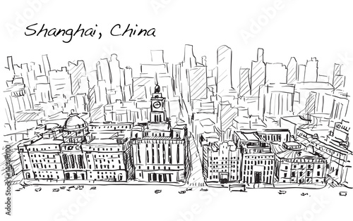 sketch city scape of Shanghai, China, the building in downtown, free hand draw illustration vector