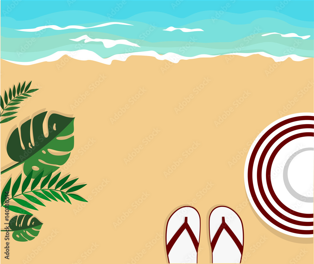 Summer background. Hat and shoes on sand beach near the sea palm leaves ...