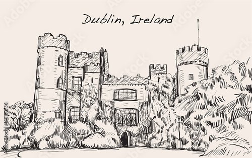 Sketch landscape of Dublin city, Ireland, Malahide castle, free hand draw illustration Vector