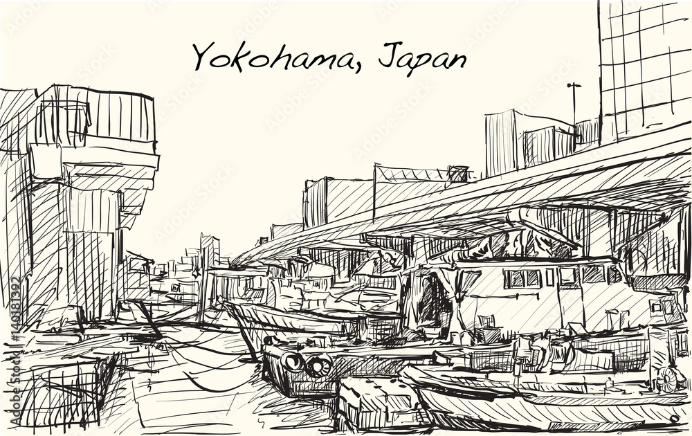 Sketch city scape of Japan, Yokohama port free hand draw illustration Vector