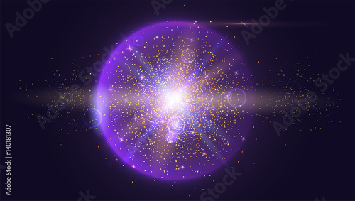 Bright glowing ball filled with particles and dust with shine and glow. The specks of light flying from the explosion