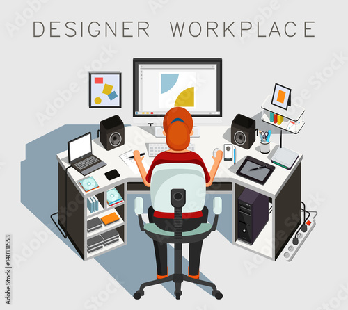 Designer workplace. Gaphic designer at work. Vector illustration