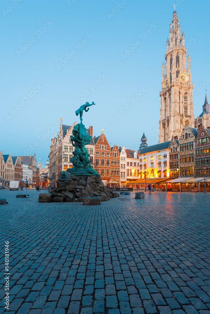 Brabo Statue at Grote Markt Antwerp Cathedral at Evening Blue Hour