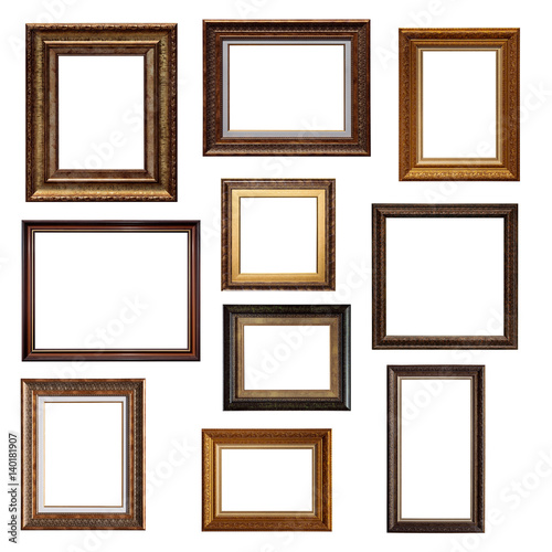 Set of picture frames. Collage of different canvas painting frames isolated on white background