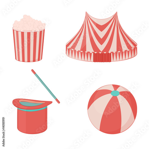 Circus Icon set: pavilion, magic hat with wand, ball and popcorn for your design in cartoon style. Vector illustration. Holiday Collection.