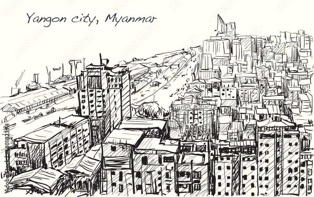 sketch cityscape of Yangon, Myanmar skyline, show building in downtown, free hand draw illustration vector sketch cityscape of Yangon, Myanmar skyline, show building in downtown, free hand draw illustration vector