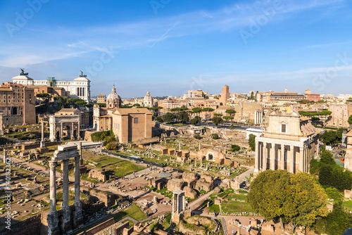 Rome, Italy. Ruins of the Roman Forum: Arch of Septimius Severus, Temple of Castor and Pollux, Curia of Julius, Temple of Deified Julius, Temple of Vesta, Temple of Antoninus and Faustina