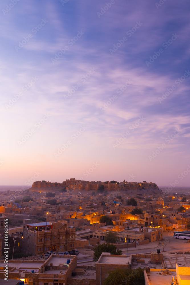 Jaisalmer Fort Sunrise Pink Clouds and Morning Cityscape. Vertical