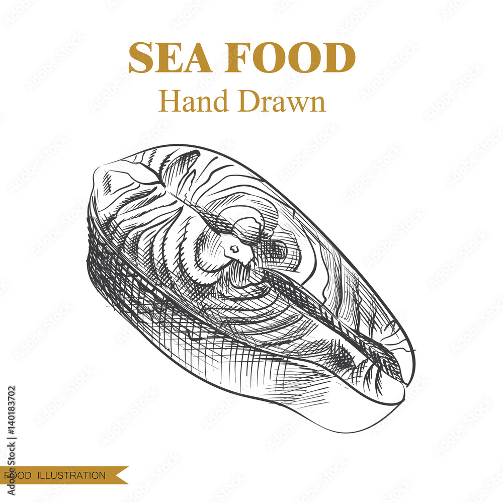 Hand drawn fish steak isolated on white background. Seafood elements ...