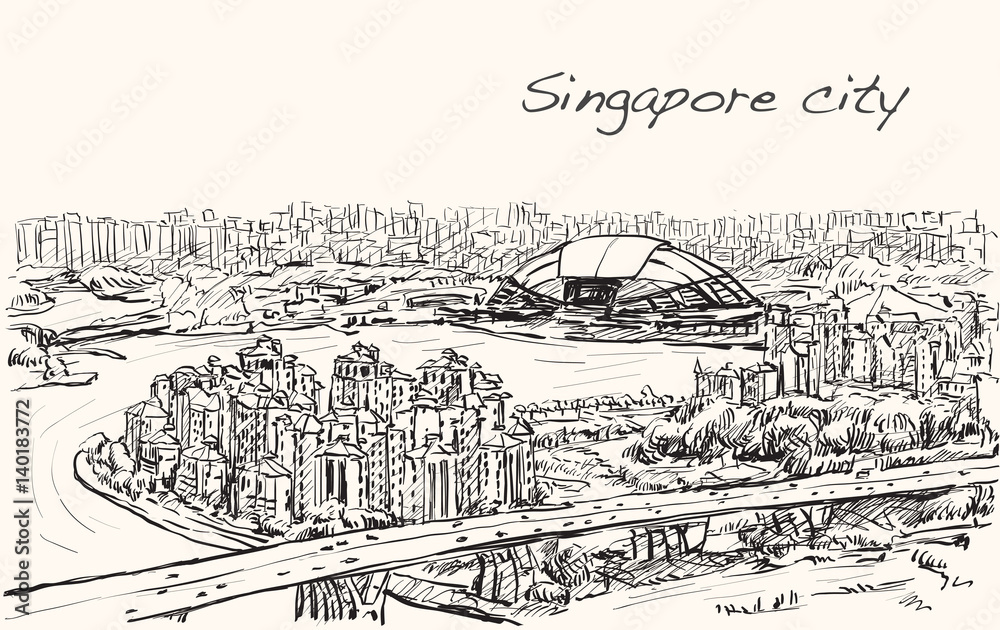 sketch cityscape of Singapore skyline on topview Sports Hub and river, free hand draw illustration vector