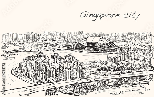 sketch cityscape of Singapore skyline on topview Sports Hub and river  free hand draw illustration vector