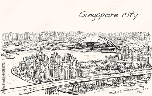 sketch cityscape of Singapore skyline on topview Sports Hub and river, free hand draw illustration vector