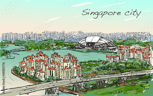sketch cityscape of Singapore skyline on topview Sports Hub and river, free hand draw illustration vector