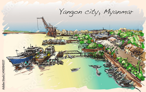 sketch cityscape of Yangon, Myanmar skyline, show Docks at Pazundaung Creek, free hand draw illustration vector