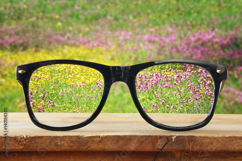 hipster glasses on a wooden table in front of the field flowers
