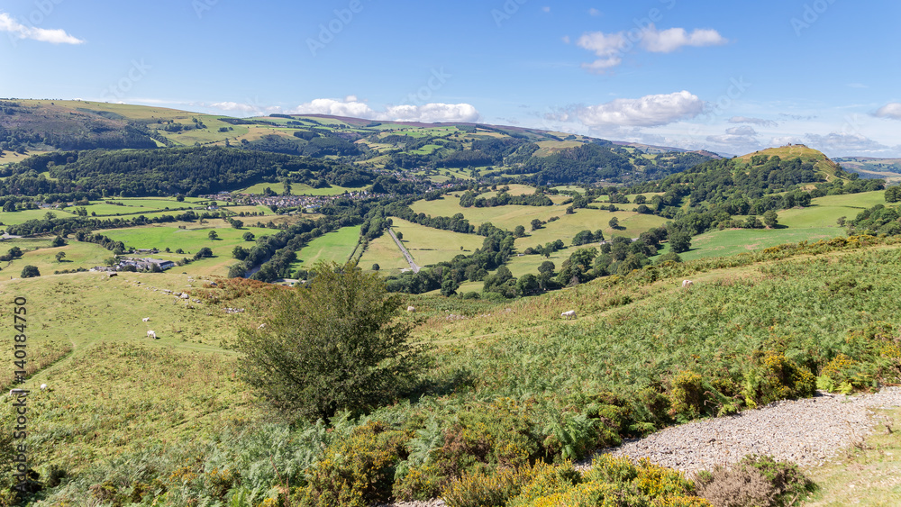 Denbigshire landscape with Llangollen and Castell Dinas Bran seen from the Panorama Walk, Denbighshire, Wales, UK