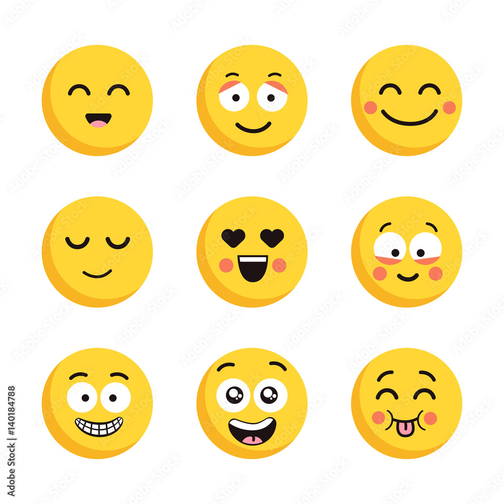 Set of happy yellow emoticons. Funny cartoon flat faces isolated on white background.
