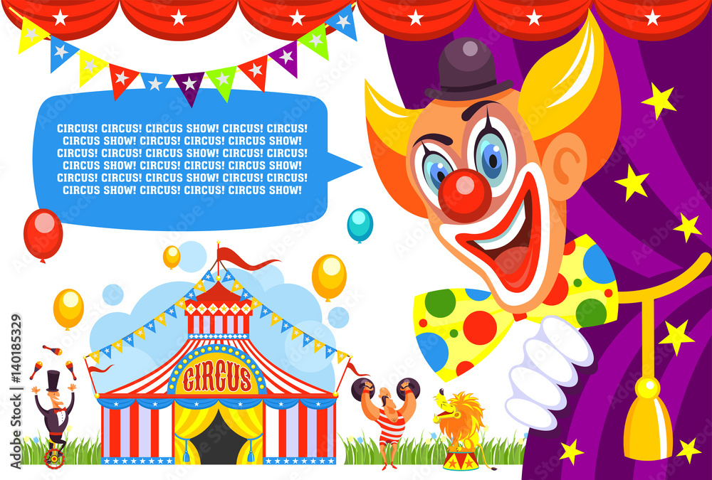 Obraz premium Circus poster. Happy clown invites you to a circus show. Vector illustration.