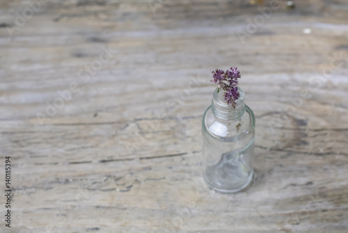 Dry Thyme medical herb flower in glass bottle on wooden rural background