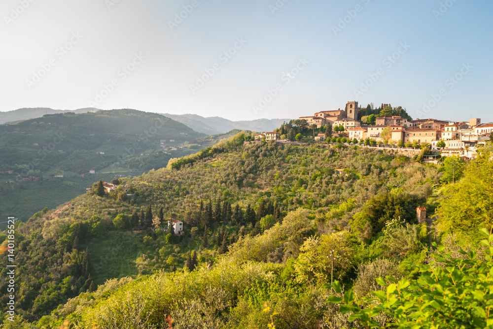 Fototapeta premium Old Italian village on the top of the hill forming typical tuscan landscape