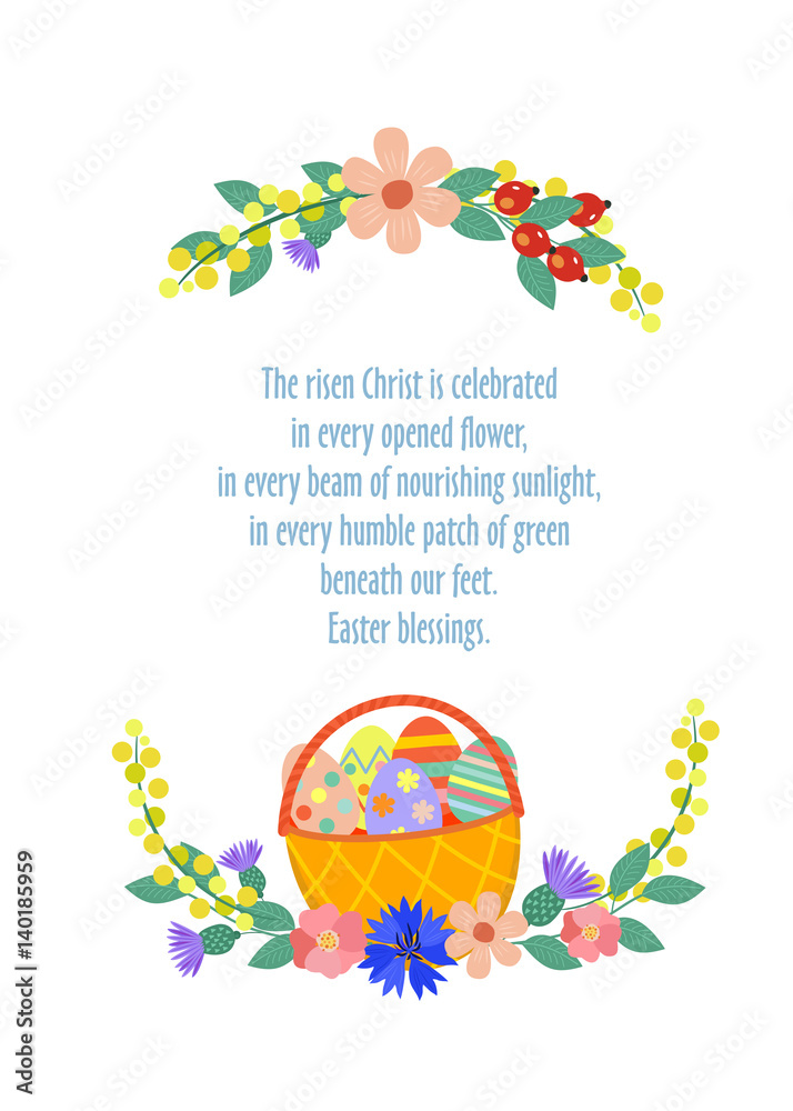 Happy Easter! Basket with eggs. A wreath of spring flowers. Vector illustration.