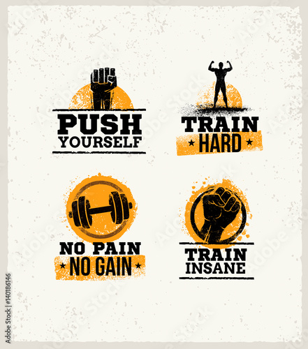 Strong Fitness Gym Workout Motivation Design Elements. Sport Fit Sign Vector On Rough Background