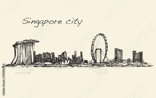 sketch cityscape of Singapore skyline, free hand draw illustration vector