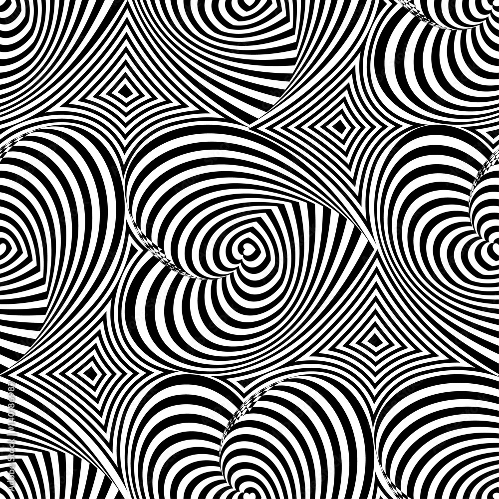 Striped repeating texture with hearts. Abstract vector seamless op art pattern with waving lines. Monochrome  graphic black and white ornament.