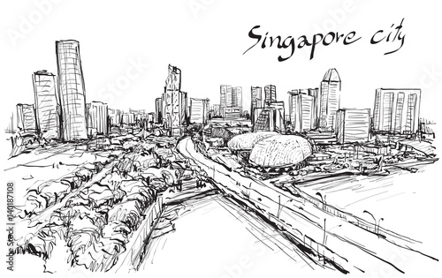 sketch city scape of Singapore skyline, free hand draw illustration vector
