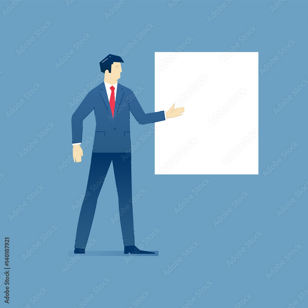 Businessman stands and points to blank banner
Businessman standing and pointing to the empty sheet with his palm. Vector illustration template with place for text. Isolated on blue background Businessman stands and points to blank banner
Businessman standing and pointing to the empty sheet with his palm. Vector illustration template with place for text. Isolated on blue background