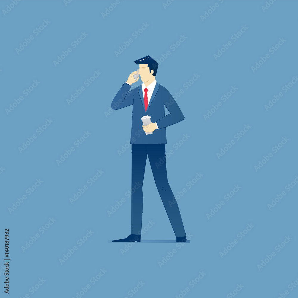 Businessman stands and speaks on mobile phone
Businessman standing with coffee paper cup and talking on cellphone. Vector illustration of coffee break. Isolated on blue background Businessman stands and speaks on mobile phone
Businessman standing with coffee paper cup and talking on cellphone. Vector illustration of coffee break. Isolated on blue background