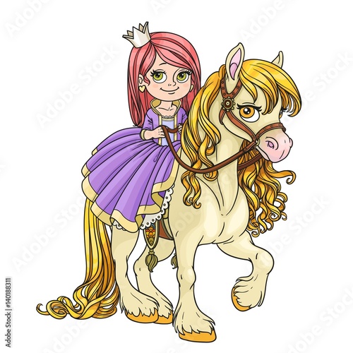 Beautiful little princess riding on horse isolated on white background