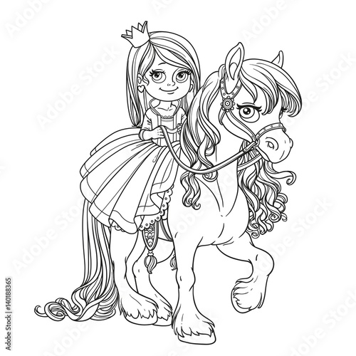 Beautiful little princess riding on horse outlined for coloring book isolated on white background