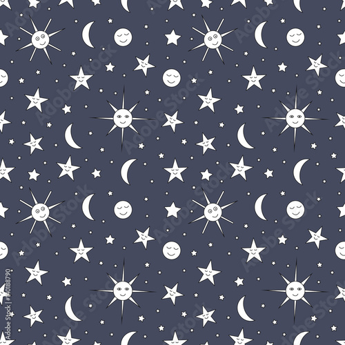 Children seamless pattern of night sky with sun, moon and stars