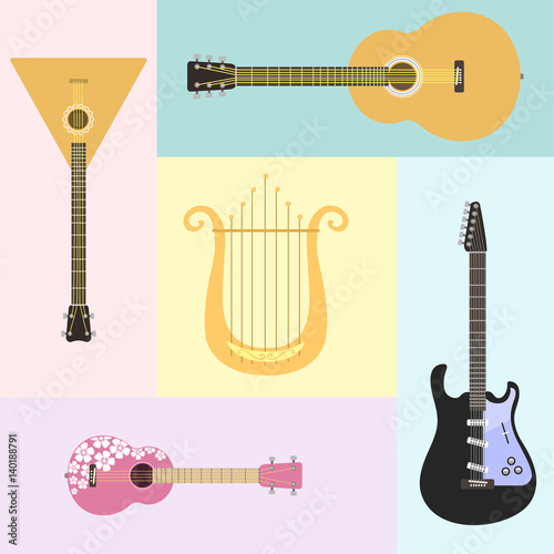 Set of stringed musical instruments classical orchestra art sound tool and acoustic symphony stringed fiddle wooden equipment vector illustration