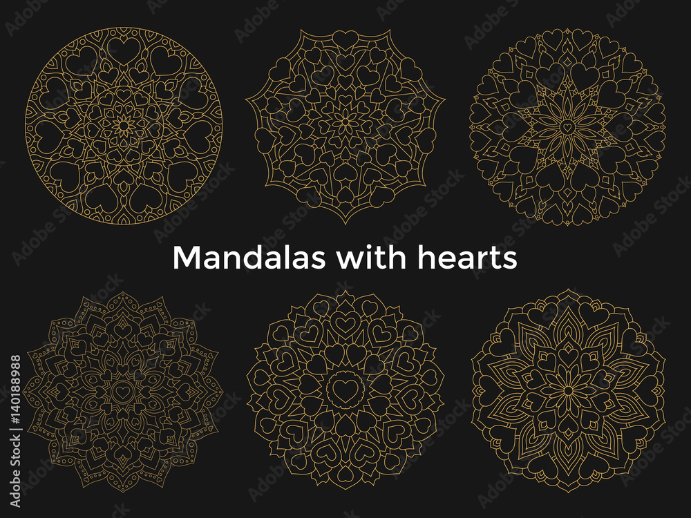 Set gold mandalas with hearts. Collection symmetric circular Set gold mandalas with hearts. Collection symmetric circular