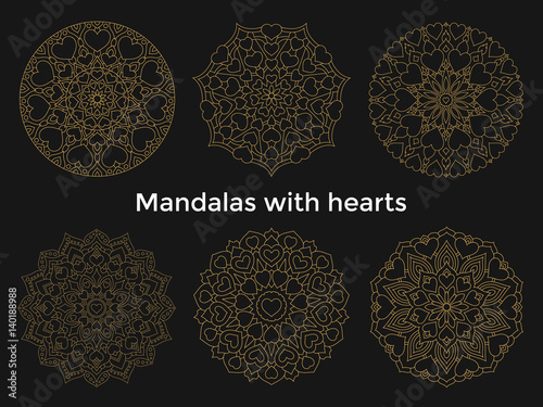 Set gold mandalas with hearts. Collection symmetric circular